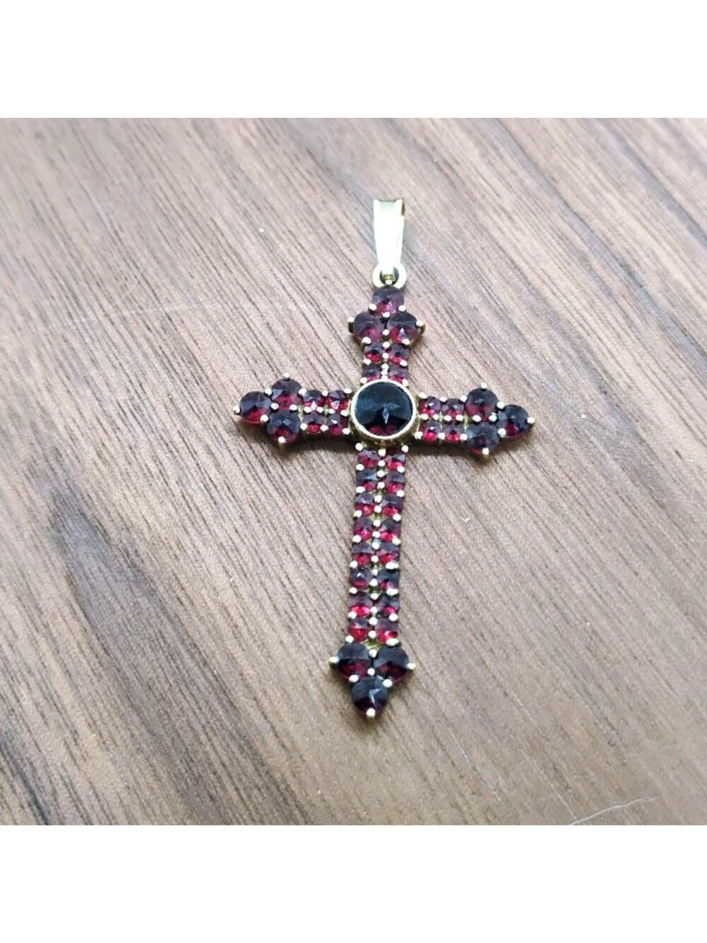 Vintage Bohemian Garnet Cross Pendant 14k Gold over 925 Sterling Silver 2" Long